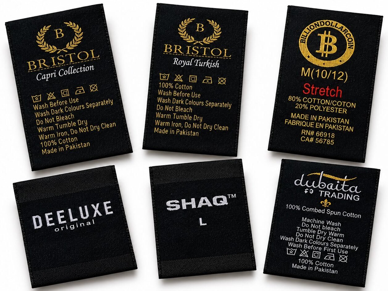 Black woven garment labels
